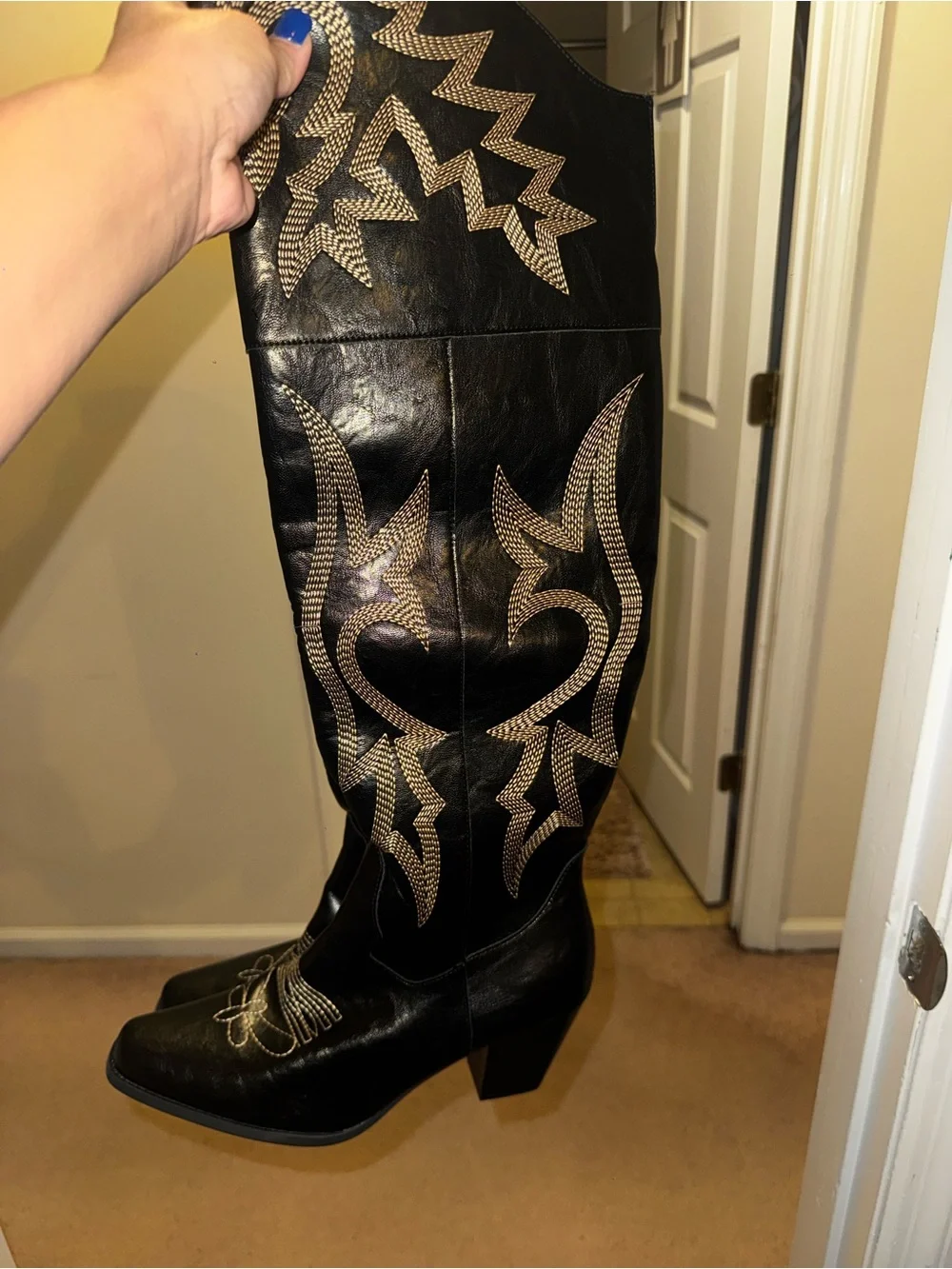 Black Over-the-Knee Western Boots with Contrast Embroidery